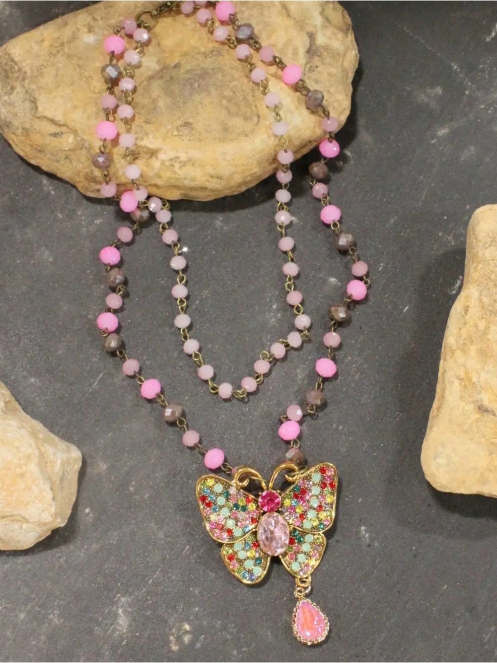 NWT Pink Multicolor Butterfly Pendant Necklace Art Piece Primitive Peddler